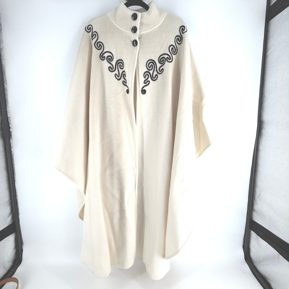 Northern Style Cape Women Cream Wool Blend Soutache Embroidery Mock Neck Elegant